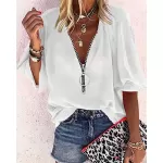 Fener kollu bluz, derin V yaka, zarif tunik, üst, fermuarlı, uzun kollu t-shirt, üst from  at ESAR # 641B3DEB2F743