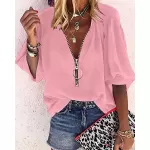 Fener kollu bluz, derin V yaka, zarif tunik, üst, fermuarlı, uzun kollu t-shirt, üst from  at ESAR # 641B3DEB2F743