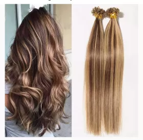 Keratin 1G Gerçek Saç Uzatma - Gerçek İnsan Saç Uzantıları 18 inç (45CM) - #4+27 ÇİKOLATA KAHVE MECHE KOYU SARI from  at ESAR # 