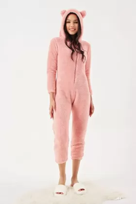 KADIN FERMUARLI KAPÜŞONLU PEMBE PELUŞ TULUM  PİJAMA from  at ESAR # 641B2EBF92840