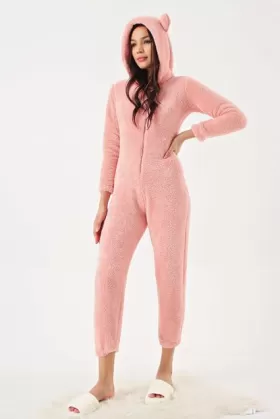 KADIN FERMUARLI KAPÜŞONLU PEMBE PELUŞ TULUM  PİJAMA from  at ESAR # 641B2EBF92840