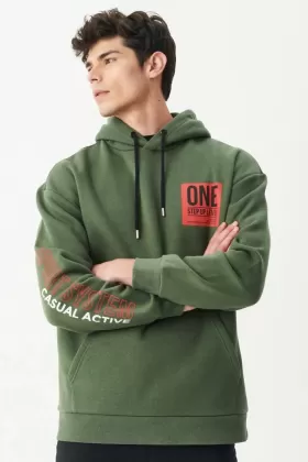 Erkek Loose Fit Rahat Kesim Kapüşonlu Şardonlu Haki Sweatshirt from  at M4D # 6576BD05DED38