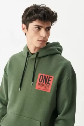 Erkek Loose Fit Rahat Kesim Kapüşonlu Şardonlu Haki Sweatshirt from  at M4D # 6576BD05DED38