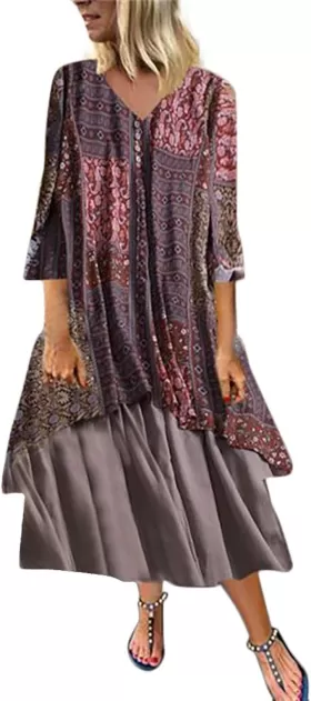 Bayan Vintage Çiçek Baskılı V - Boyun Patchwork Elbise Uzun Kollu Uzun Elbise Bayan Batı Elbise from  at ESAR # 641B39A3D1C1A_3A12